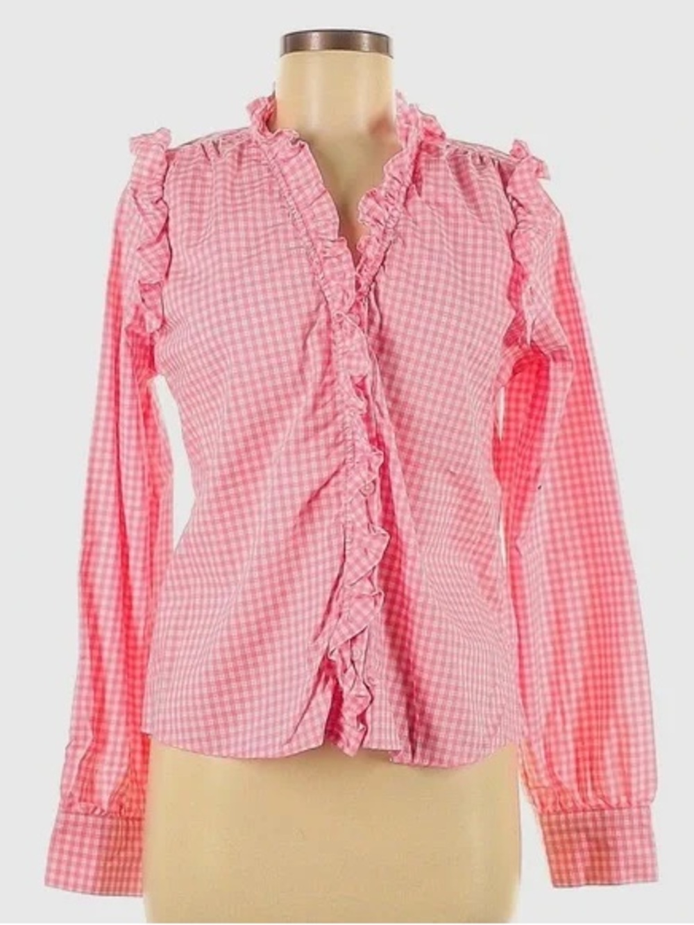 Tommy Hilfiger Pink Gingham Ruffle-Trim Button Front Blouse